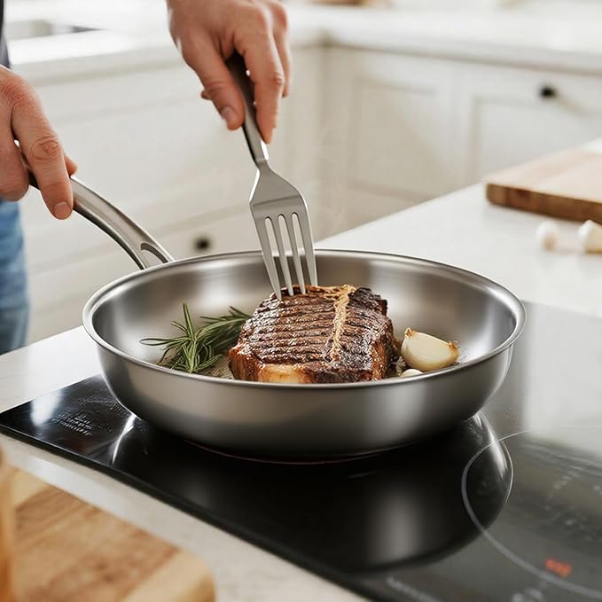 Kirecoo Tri-Ply Stainless Steel Pan - 12 Inch Frying Pan, Fast and Even Heat Stainless Steel Skillet, Induction Cookware, Dishwasher and Oven Safe Skillet