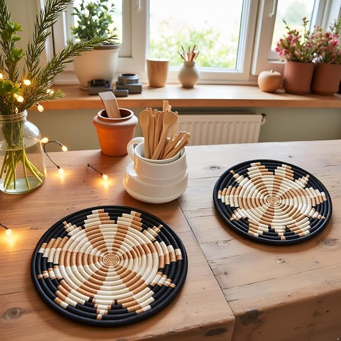 Brown Flower Woven Trivet Set, Trivets for Dishes, Pots and Pans, Heat Resistant Hot Pads, Pot Holders for Table, Plate Mats for Countertops, Kitchen Table Accessories, 8" Wide, Boho Decor
