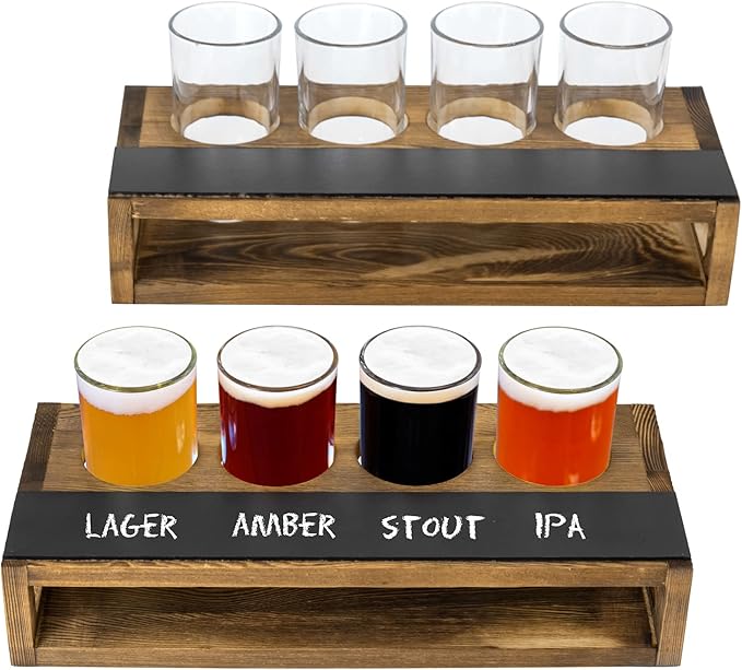 MyGift Rustic Dark Brown Burnt Solid Wood Sampler Tray Beer Flight Holder Serving Set with 4 Glasses and Erasable Chalkboard Label, Set of 2