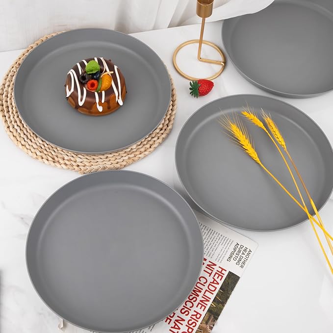 EI 18pcs Dark Grey Wheat Straw Plates Set,Unbreakable Deep Dinner Plates,Reusable Heavy Duty Plastic Plate,Lightweight Salad Plate for Camping,Kitchen,Picninc