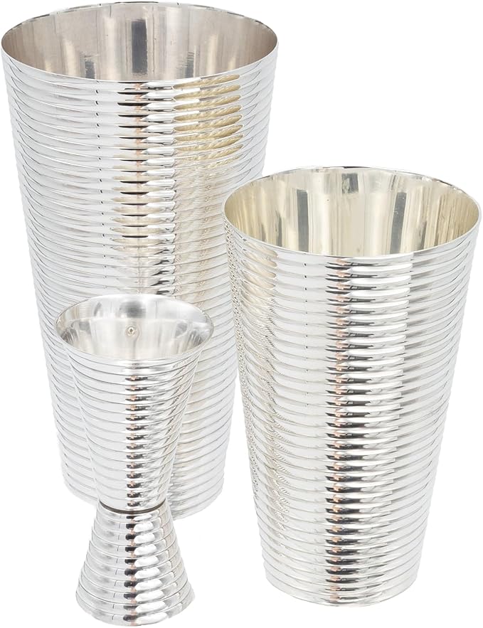 Prince of Scots Fluted Silver Cocktail Shaker Set | 3-Piece Copper with Silver Plate Barware | Classic Boston Shaker for Martini, Manhattan, Bourbon | Elegant Home Bar Gift for Entertaining