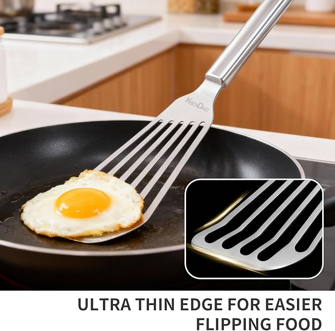 KSENDALO Thin Fish Spatula SUS304 Stainless Steel - One-Piece Flexible Slotted Egg Flipper, Angled Blade, Hollow Grip, Metal Turner for Fish/Eggs/Omelettes, All Cookware, Dishwasher Safe
