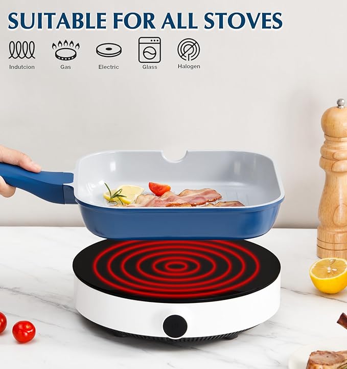 KOCH SYSTEME CS 9.5 Inch Nonstick Grill Pan for Stove Tops, Square Griddle Pan with Pour Spouts, Grill Pan for Indoor Cooking, Grill Skillet with Bakelite Handle, PTFE & PFOA Free, Blue