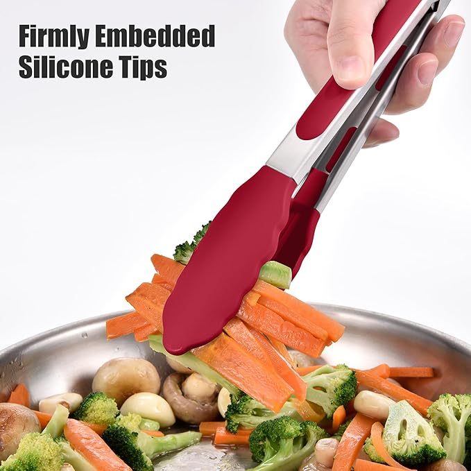 Doosu Kitchen Tongs for Cooking - 600°F Heat Resistant Food Tong with Non-Scratch Silicone Tips, Heavy Duty Stainless Steel Locking Tong for BBQ, Grilling Steak, Serving Salad, Pasta (9in, Red)