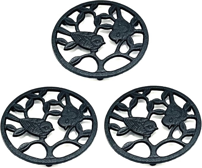 Cast Iron Bird Trivet Set, 3-Pack - Decorative Metal Pot Holders, Rustproof & Rubber Feet for Hot Dishes, Pans, Teapots - Kitchen & Dining Decor, Black