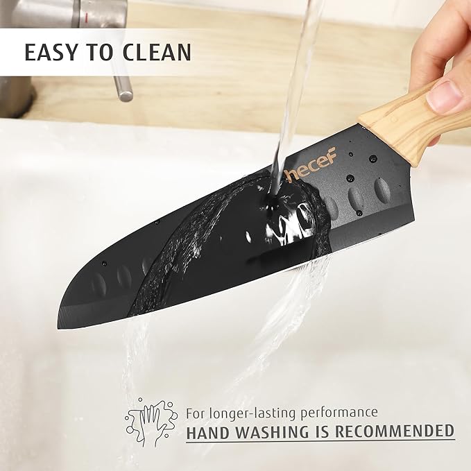 hecef Vintage Kitchen Knife Set of 3, Stainless Steel Blade with Black Non-stick Coating, Sharp Kitchen Knives Includes Santoku, Utility, Paring