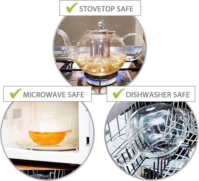 Glass Teapot Set with 4 Double Wall Teacups & Removable Stainless Steel Infuser - Microwave Dishwasher Safe Clear Blooming Loose Leaf Teas, Tea Maker Gift