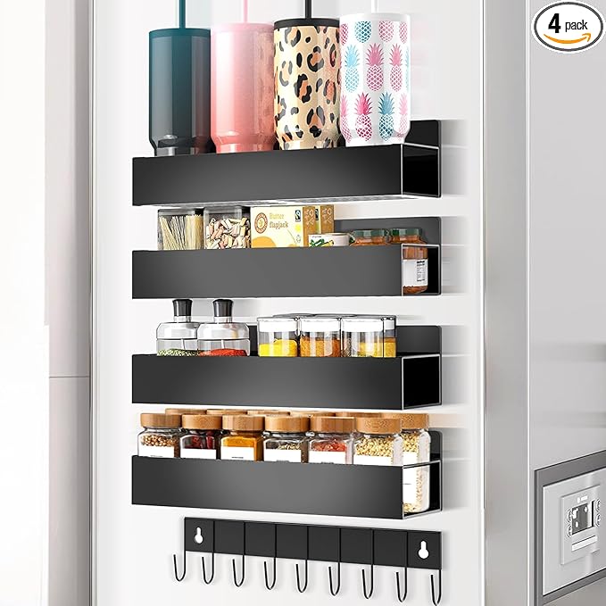 Magnetic Spice Rack Organizer for Fridge Seasoning Organizer for Kitchen storage with Screw Magnetic Shelf with Hook for Refrigerator and Oven (4pack1hook-Black)