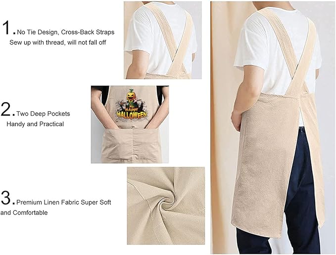 Cotton Linen Apron Non-tie Cross Back Kitchen Apron with Pockets Soft Comfortable Durable for Cooking Baking Gardening (Khaki,Halloween)