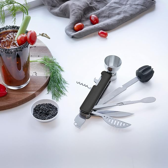 HOST All in One Bartender Multitool Set, 10 in 1 Bar Tool with Strainer, Muddler, Reamer, Jigger, Stirrer, Zester, Corkscrew, Opener, Knife and Channel Knife for Camping, Travel and Outdoor Use