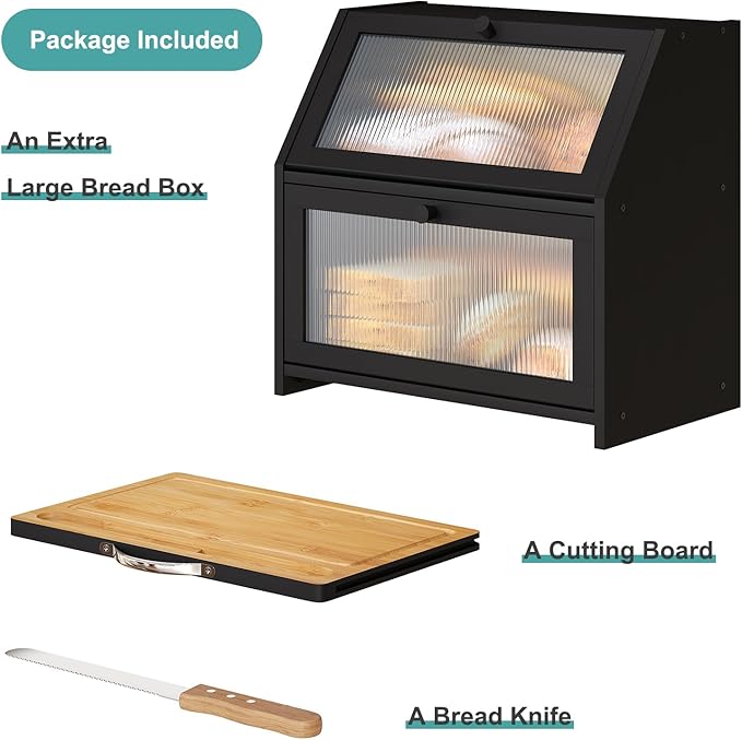 Extra Large Bread Box with Cutting Board Bamboo Wood Bread Box for Kitchen Counter, Double Layer Large Capacity Bread Storage Bin with Acrylic Wavy Door Panel (Black)