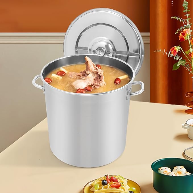 48L/50.7Qt Commercial Large Stock Pot with Lid,Nickel Free Stainless Steel Cookware Healthy Polished Stockpots, Induction Soup Pot for Cooking Home Use