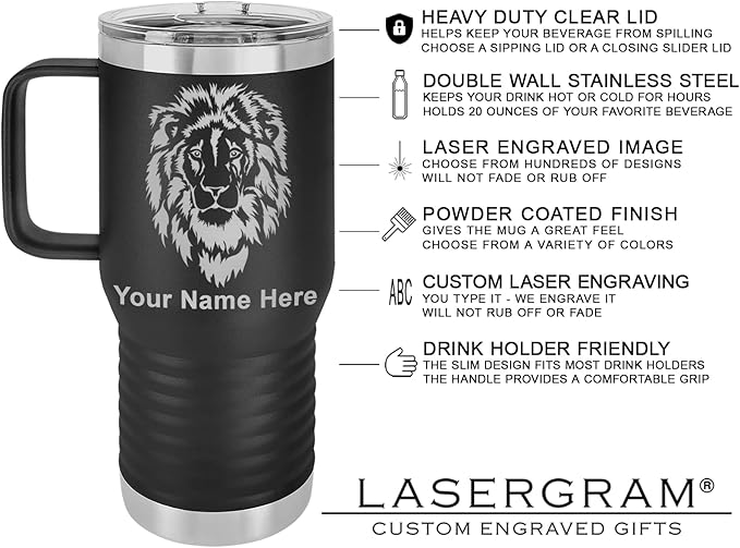 LaserGram 20oz Vacuum Insulated Travel Mug with Handle, Sushi, Personalized Engraving Included (Black)