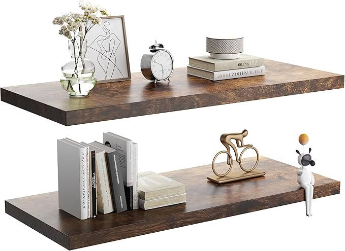 Wall Shelf Set of 2, Rustic Brown Floating Shelves 36 in W x 10 in D x 1 in H, Wooden Floating Wall Shelf with Invisible Brackets for Living Room/Bedroom/Bathroom/Kitchen Storage and Decor
