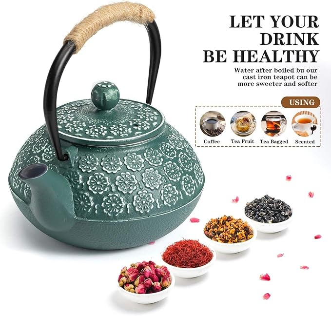 Sotya Cast Iron Teapot, 40oz/1200ml Japanese Tetsubin Tea Pot with Infuser for Loose Leaf and Tea Bags, Tea Kettle Coated with Enameled Interior for Stove Top, Dark Green