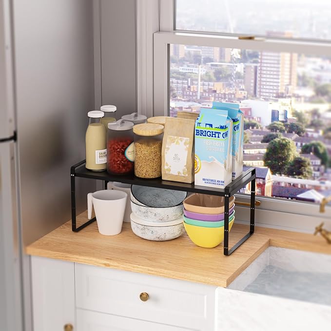 SANNO Expandable Kitchen Shelf Organizers,Adjustable Height Large Stackable Kitchen Cupboard Cabinet, Pantry and Counter Shelf Organizer, Cupboard Stand Spice Rack, Black, 2 Pack