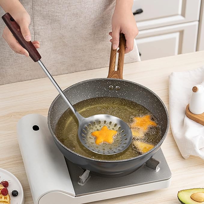 15 inch Large Spatula Slotted Turner Soup Ladle 304 Stainless Steel Wok Spatula Set Slotted Spoon for Cooking Utensils Set Long Wooden Handle Ladles Kitchen Metal Spatulas Cooking Spoons