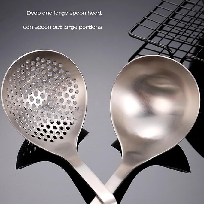 304 Stainless Steel Soup Ladle Hot Pot Ladle Strainer Scoops Set for Cooking, Serving, Soups, Sauces, Stews and More, Silver, 12-Inch (2 Pieces)