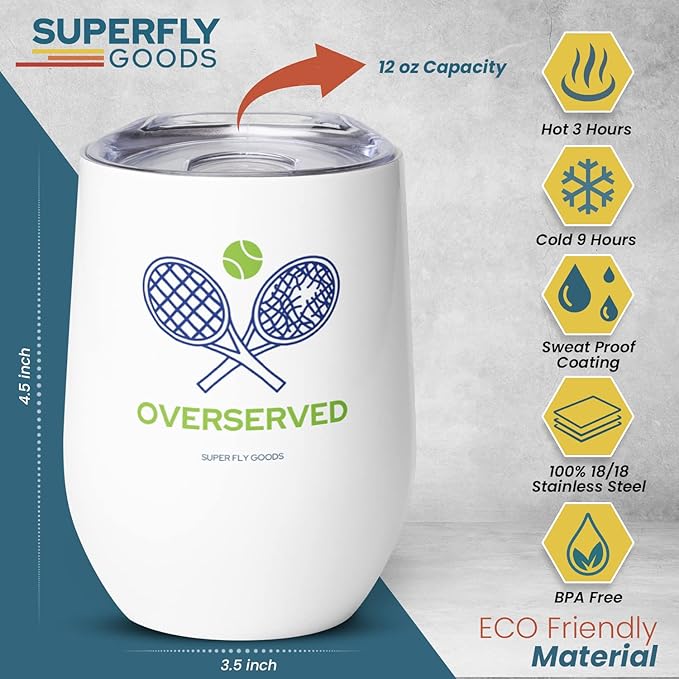 Super Fly Goods Tennis Lovers Premium Stainless Steel Insulated Travel Mug 12 oz, Leak-Proof, Keeps Beverages Hot or Cold for 12 Hours, BPA-Free, Ideal for Outdoor Activities, Gifts (Tennis)