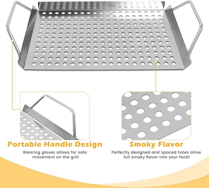11 x 7 Inch Nonstick Grill Tray with Handles,Perforated Stainless Steel Grill Pans for Outdoor Grill,Heavy Duty Grilling Accessories for Charcoal Gas Grills,Easy to Use and Clean