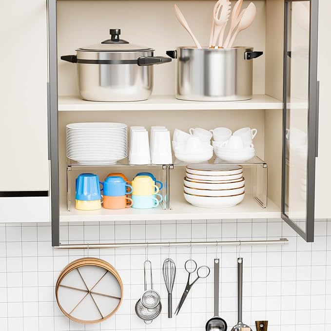 Yieach 2 Pack Acrylic Clear Cabinet Organizer Shelf for Kitchen,Countertop,Stacking 2 Tier Desk Organizers Stand and Cabinet Risers for Dishes,Clear Shelf Organizer for Pantry Organizers and Storage