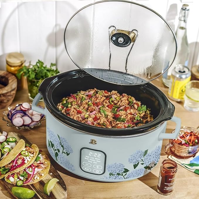 Beautiful 6 Qt Programmable Slow Cooker with Touch Control, Digital Timer and Keep Warm Function – Large Electric pot Capacity Kitchen Appliance by Drew-Barrymore (Hydrangea Floral)