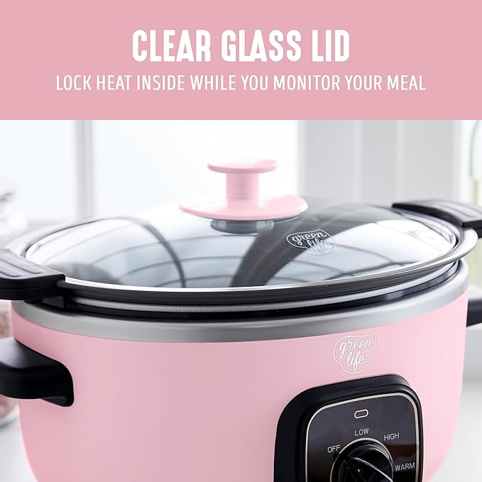 GreenLife 3.5QT Slow Cooker, PFAS-Free Non-Toxic Ceramic Nonstick Removable Interior Bowl, Programmable, Keep Warm, Stovetop & Oven Safe Pot, Dishwasher Safe Crock & Glass Lid, Pink
