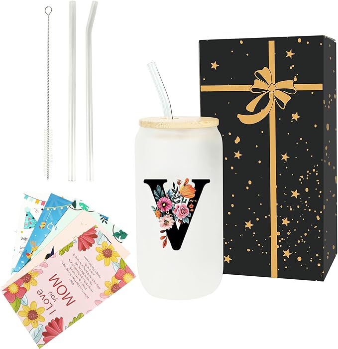 Monogrammed Glass Drinking Cup With Lid Straw Personalized Customized Post Cards Women Men Teacher Christmas Gifts Math Biology Piano Future Speech Drama Guitar Montessori Physics Chemistry Band,V