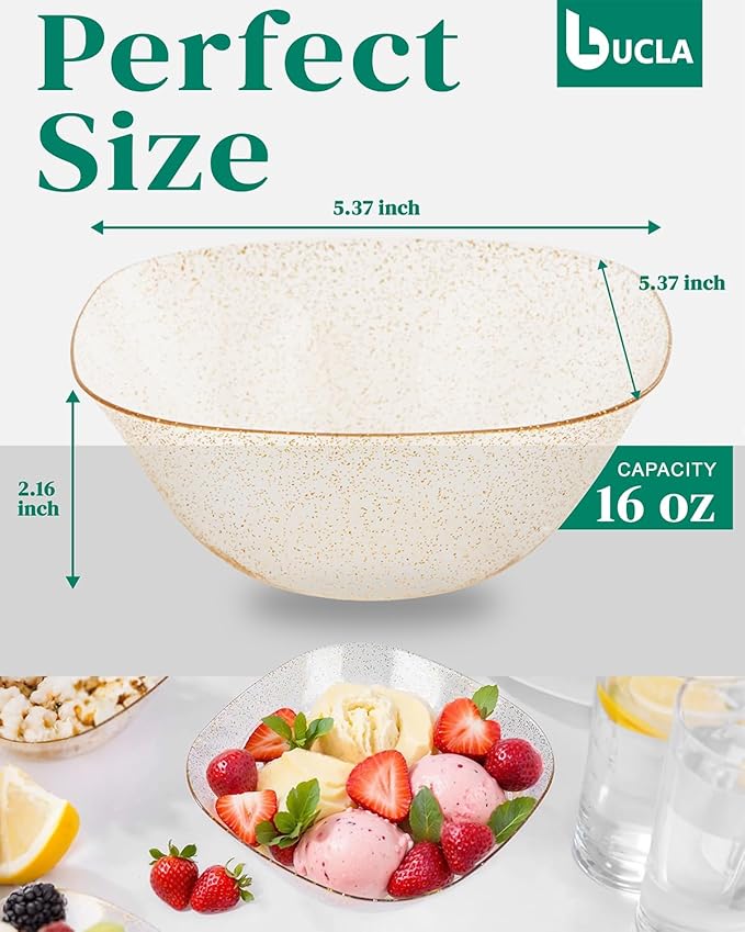 bUCLA 50Pack Gold Glitter Plastic Serving Bowls - 16oz Disposable Serving Bowls for Party Dessert/Ice Cream/Salsa/Snack