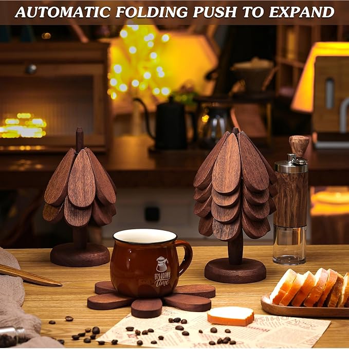 Suzile 2 Set Wooden Trivets for Hot Dishes Tree Shape Trivets Set Tree Coasters Wood Table Mat Tree Design Trivet Foldable Heat Resistant Pads for Teapot Pans Bowl Kitchen (4 Layers)