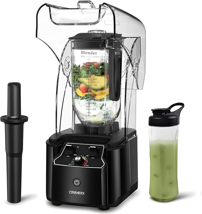CRANDDI Commercial Quiet Blender, 2200 Watt Professional Countertop Blender with 80oz Pitcher, Built-in Pulse & 15-speeds Control, Smoothie Blender for Commercial and Home, K90 Black