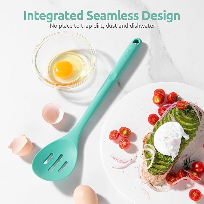 13.3" Slotted Cooking Spoon: U-Taste 600ºF Heat Resistant Kitchen Mixing Spoon, Food Grade Nonstick Long and Large Rubber Soup Utensil for Serving, Stirring, Basting, for Pot Cookware (Aqua Sky)