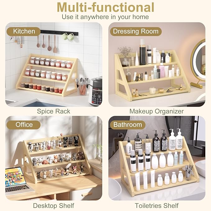 3-Tier Spice Rack Organizer for Cabinet,Bamboo Tiered Spice Rack for 24 Spice Jars(4 oz),Spice Shelf for for Kitchen Countertop,Seasoning Rack,17.5" L x 8.3" W x 9.4" H