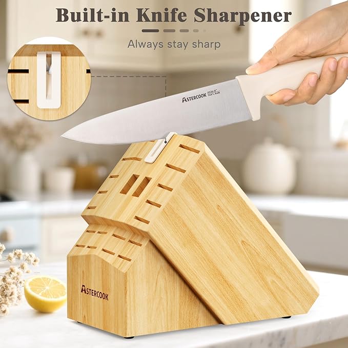 Knife Set, Astercook 22-Piece Kitchen Knife Set with Block & Built-in Sharpener, Ultra-Sharp High Carbon Stainless Steel Knives, Dishwasher Safe, Ergonomic Anti-slip Handle, Cream White