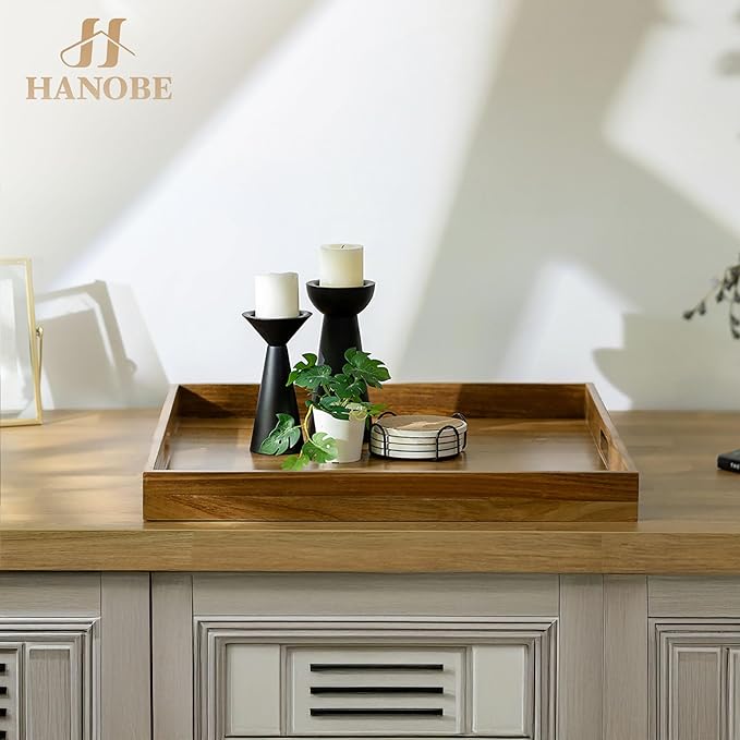 Hanobe Ottoman Tray for Table Top: 20'‘ Wood Decorative Tray for Home Decor - Large Coffee Table Serving Tray with Handles for Living Room