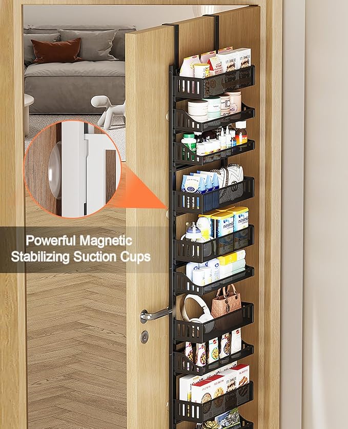 Aupekro 10-Tier Over the Door Pantry Organizer Rack, Pantry Door Organizer Shelves, Adjustable Hanging Spice Rack Seasoning Shelves, Large Capacity Door Storage Shelf for Kitchen, Bathroom (Black)