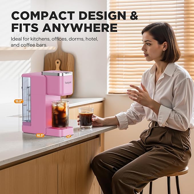 Single Serve Coffee Maker, Iced and Hot Coffee Machine for K Cup & Grounds, Compact Design, 40oz Removable Water Reservoir, 6 to 24 Oz Brew Sizes, Fits 7.3" Travel Mug, Pink
