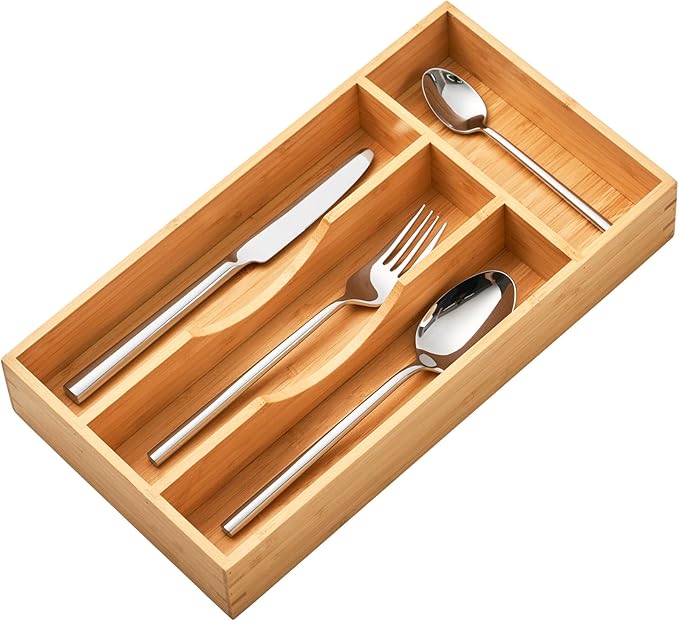 Umilife Bamboo Kitchen Drawer Organizer, 7 Inch Silverware Utensils Tray Holder for Small Drawer, Wood Caddy for Flatware Cutlery Knives