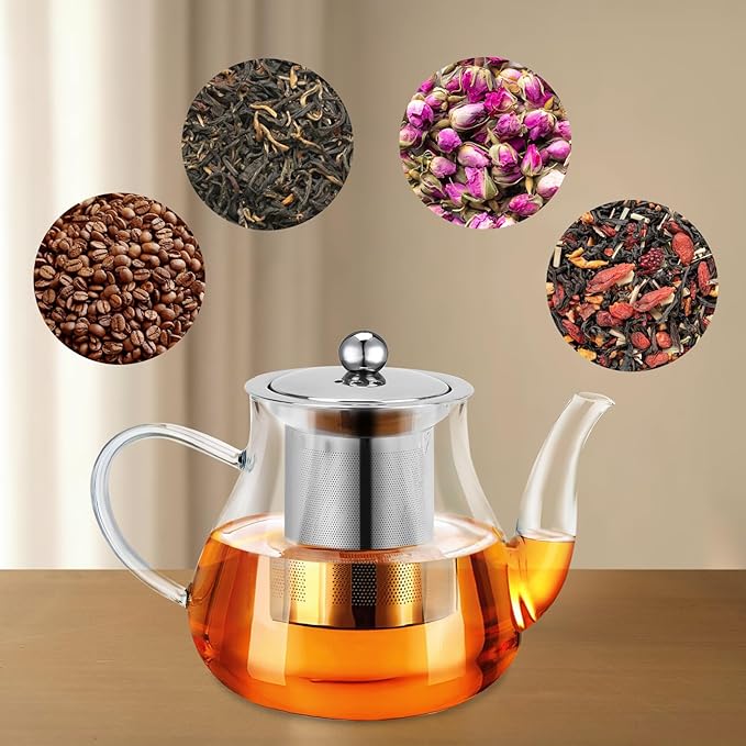 Glass Teapot 14oz/400ml with Removable Infuser, Borosilicate Clear Tea Kettle, Stovetop Safe Tea Kettle Blooming Loose Leaf Teapots, for Camping, Travel