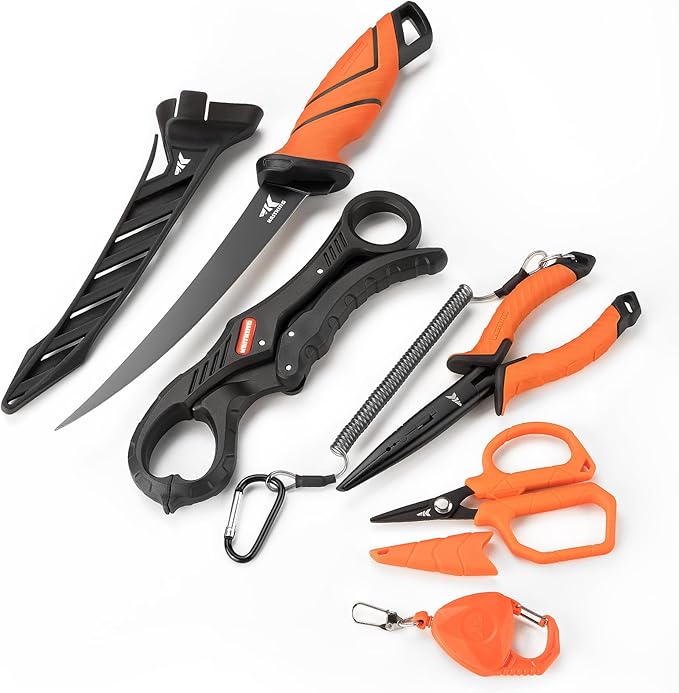 KastKing SteelStream 6pc Fishing Tool Kit - Corrosion Resistant Fishing Pliers with Lanyard, Fillet Knife, Floating Fish Lip Gripper, Fishing Braid Scissors, Tool Retractor, Fishing Gifts for Men