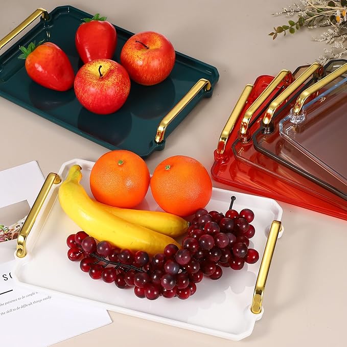 uxcell Plastic Serving Tray with Golden Handle, 16 x 8.7 Modern Rectangular Decorative Tray Acrylic Reusable Tea Platter for Countertop Bathroom Kitchen Home Restaurant, Pink