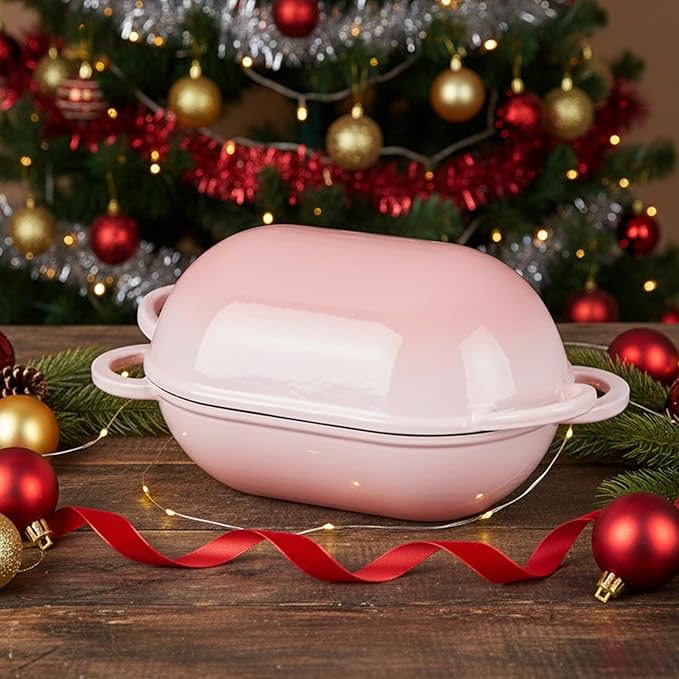 Onader Enameled Cast Iron Dutch Oven, 2.8QT Dutch Oven Pot with Lid for Sourdough Bread Baking, Oval Meatloaf Pan, Heavy Duty - Pink