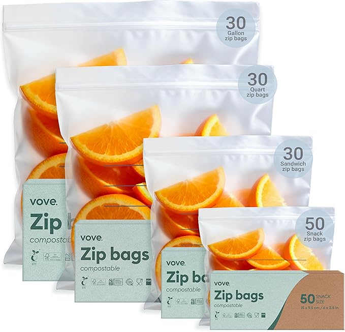 Vove Compostable Storage Bag Bundle, 140 Count Multi-Size S/M/L/XL – Freezer Safe, Resealable, Non Toxic Bags for Food, Meal Prep & Snacks, Plastic-Free Eco Bags