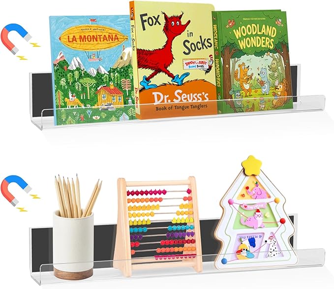 2 Pack Magnetic Book Shelf for Classroom, Strong 8.8lb Magnet Acrylic Whiteboard Shelves, Teacher Supplies Organizer for Kids Books, Posters, Flash Cards, Classroom Accessories Storage (transparent)