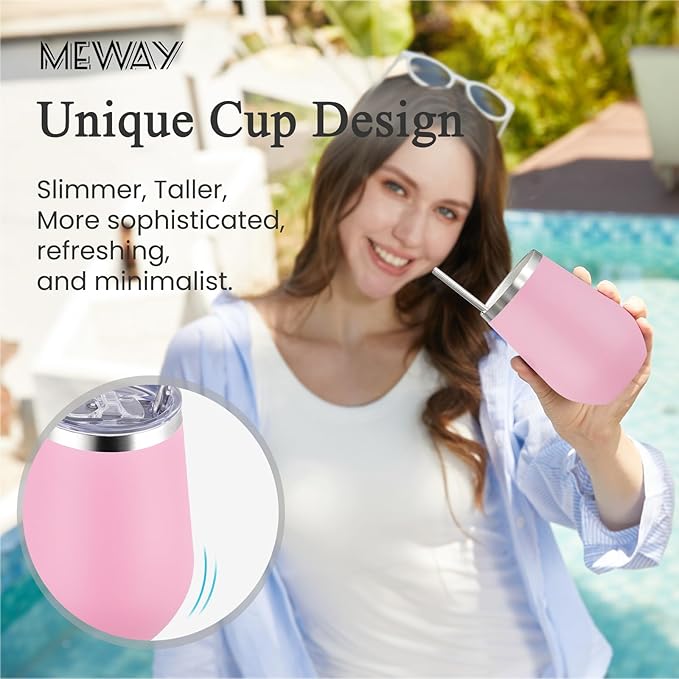 MEWAY 12oz Insulated Wine Tumbler with Lid and Straw - Double Wall Vacuum Stainless Steel Wine glass, Ideal for Travel and Office, Baby shower prizes for winners(Pink,Set of 12)