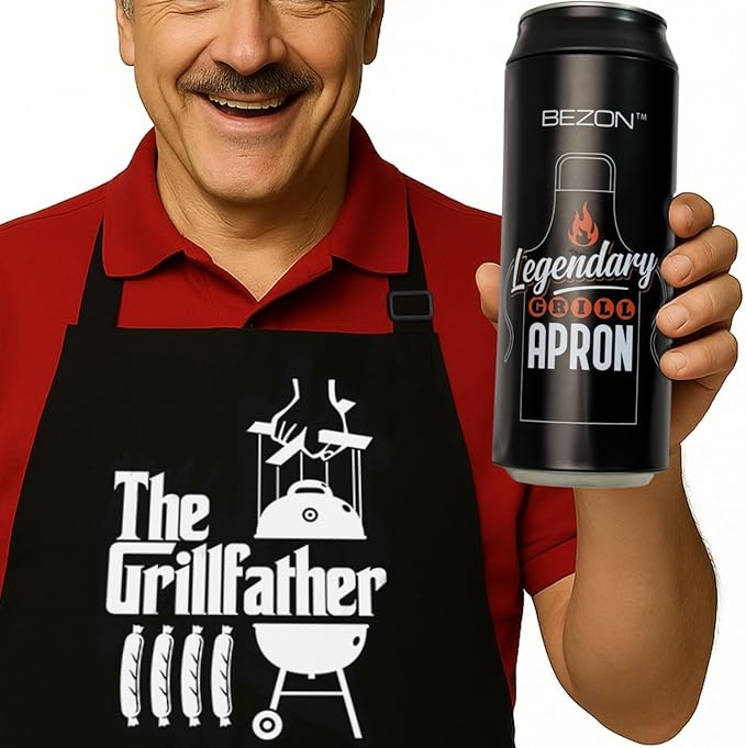 BEZON Funny Grill Apron for Men – Beer Can Gift Packaging – Hilarious BBQ Gift for Dad, Husband, or Friend – Heavy-Duty Water-Resistant Canvas – The Grillfather
