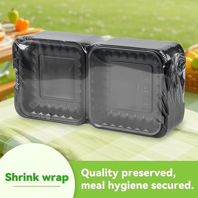Takeout Containers Mineral Filled PP - 55 Pack 8x8 34 oz Shrink Wrap BPA Free Plastic | Stackable Meal Prep Clamshell Food Container | Reusable Microwave Safe Leftovers | Catering Lunch Box