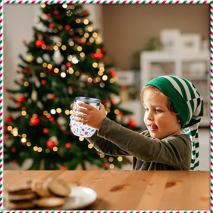 12oz Christmas Wine Tumbler with Lid and Straw,Stainless Steel Insulated Stemless Wine Tumbler Double Wall Vacuum Wine Cups Tumbler Christmas Gifts for Women Men(Xmas Elements,2)