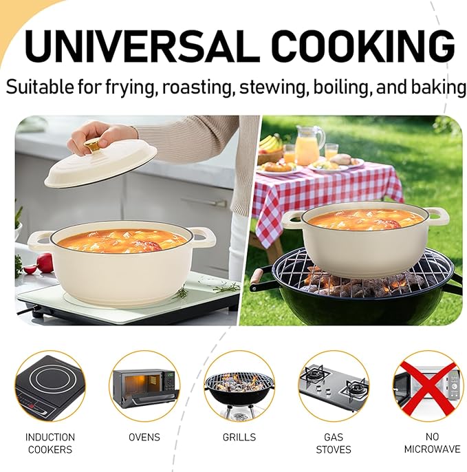 ROVSUN 5 Quart Enameled Cast Iron Dutch Oven with Lid, Dual Handles, Oven Safe up to 500°F or on Stovetop, Compatible for Braising, Stews, Roasting, Bread Baking-Cream White