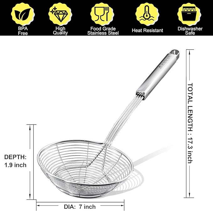 Anaeat Stainless Steel Spider Strainer Skimmer - Solid Kitchen Strainer Ladle with Long Handle for Cooking and Frying, Reinforced Double Coil Slotted Spoons for Pasta, Noodle, Spaghetti (7 Inch)